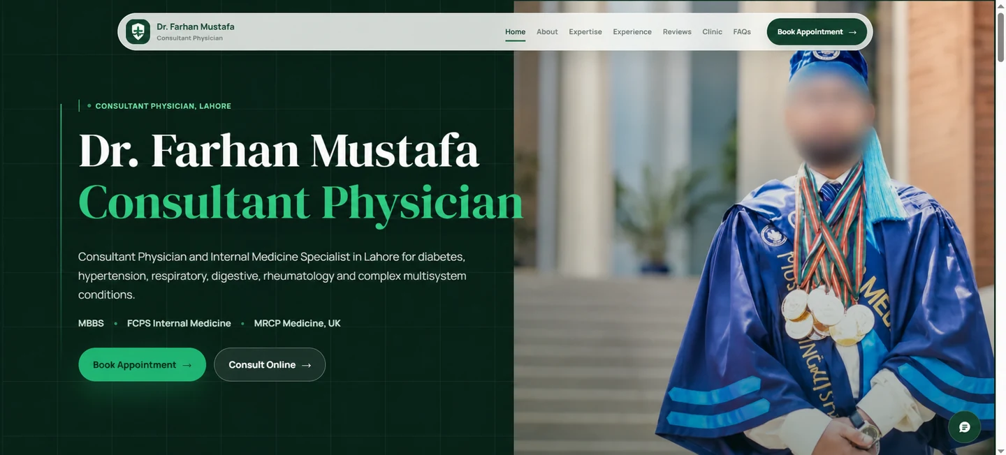 Doctor website homepage with the doctor's face blurred for privacy