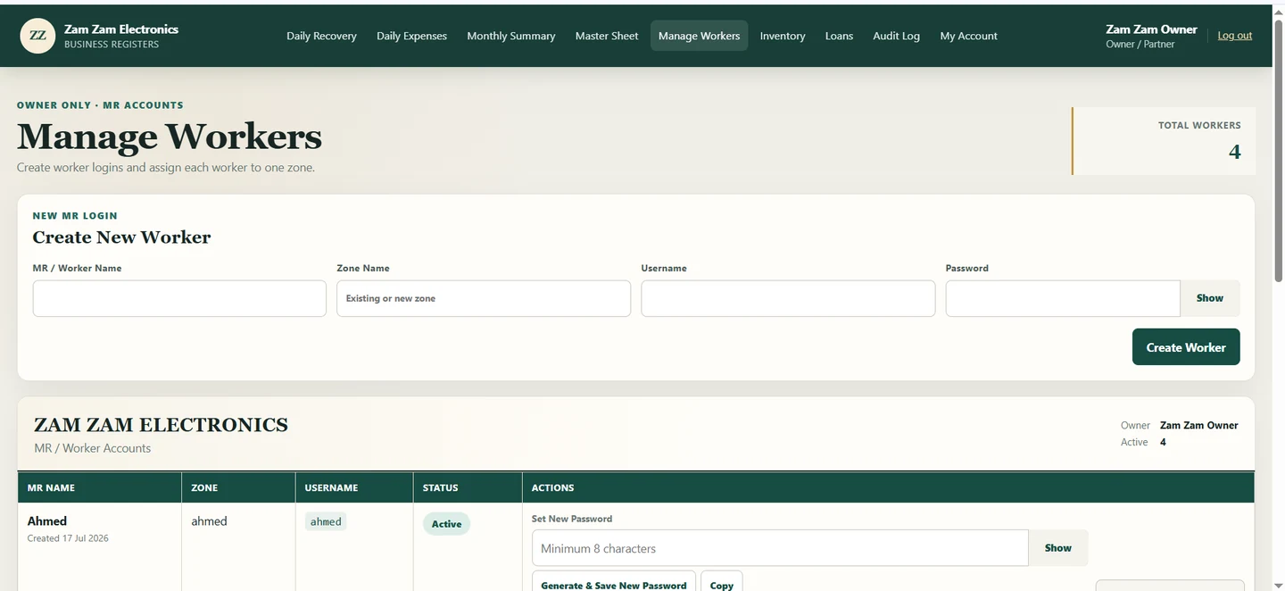 Zam Zam Electronics worker account management screen