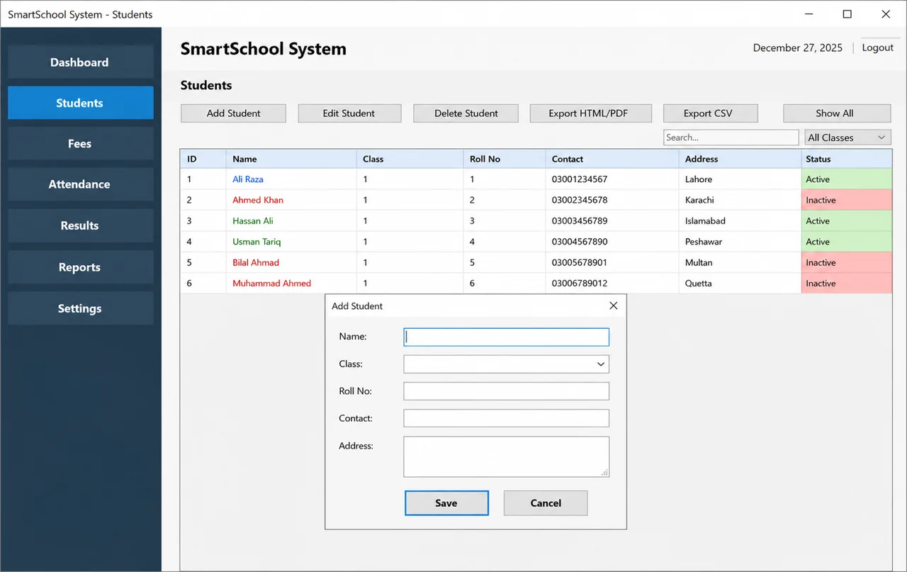 SmartSchool System student records screen with the Add Student form